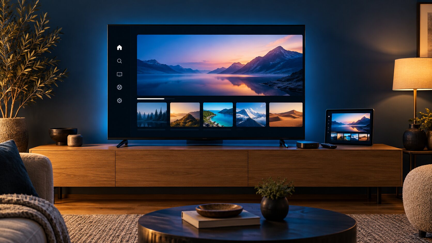 Téléviseur, tablette et boîtier multimédia présentant une interface de lecture dans un salon bleu nuit